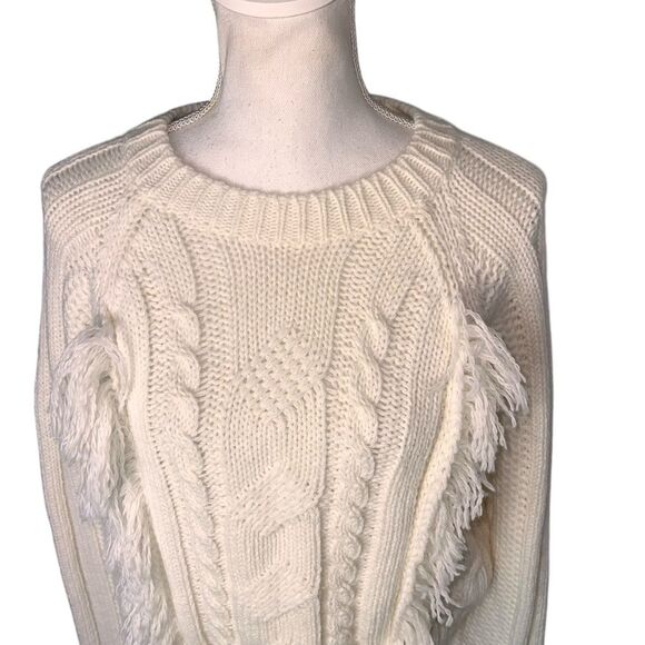 New Elsamanda Fringed Cable Knit Sweater Large Italy Off White Wool Alpaca - Picture 3 of 9